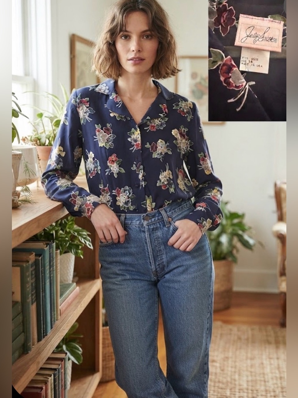 Vintage Navy Floral Button-Front Long-Sleeve Blouse. Size M.